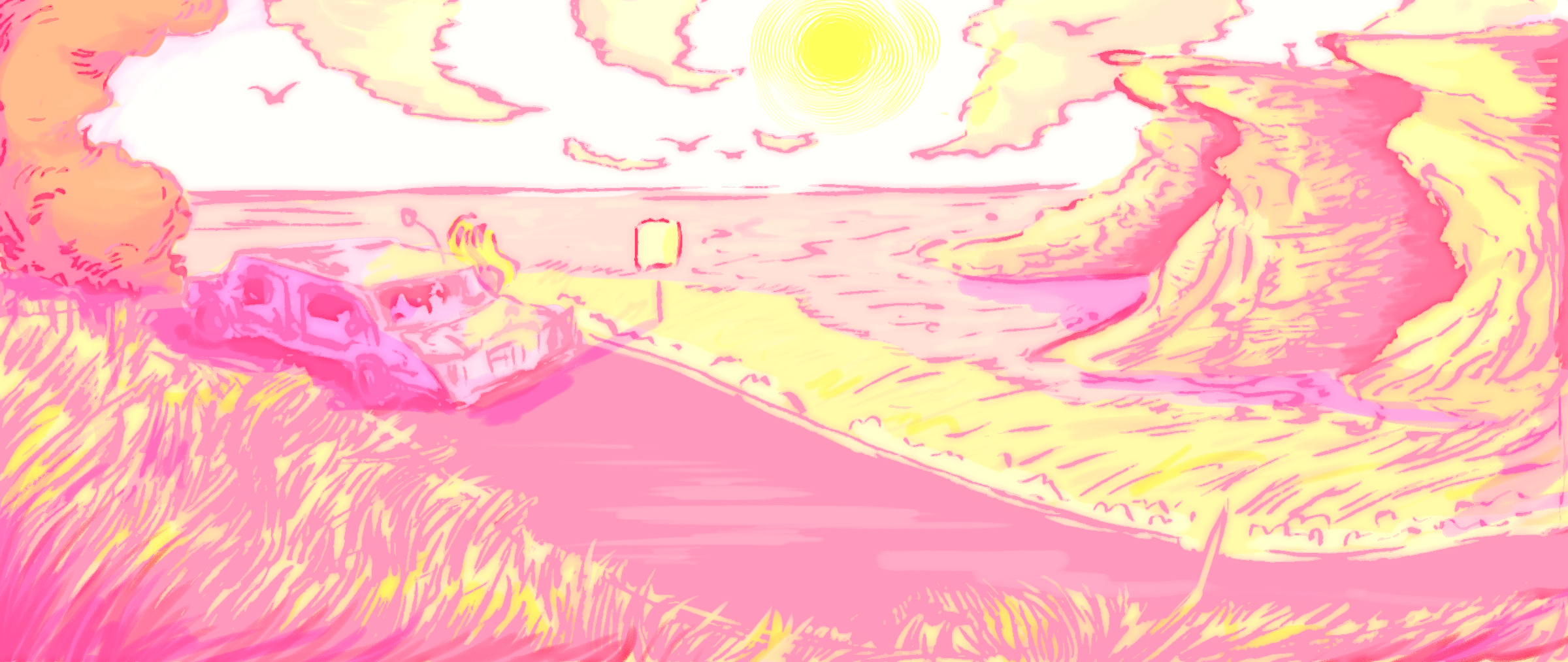 Illustration of a vintage pink car driving down an oceanside highway. Colors limited to yellow and pink.